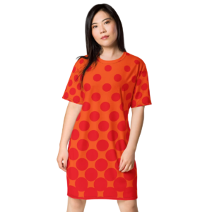 Women's Orange and Red Polka Dot T-Shirt Dress – Casual Relaxed Fit Crew Neck Tee