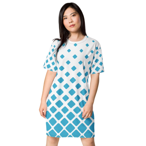 Women's White & Blue Diamond Geometric Print T-Shirt Dress – Casual Short Sleeve Wear